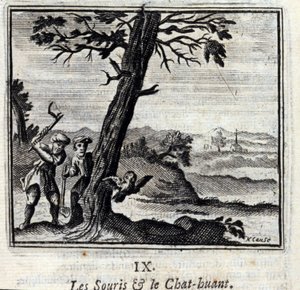 老鼠和猫》Huant.寓言，作者是让-德-拉封丹（1621-95）。插图：弗朗索瓦-肖沃（1613-1676）。1728年的版本。 作者 弗朗索瓦·夏维