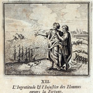 人的忘恩负义和对命运的不公正。Jean de La Fontaine (1621-95)的寓言。插图：François Chauveau（1613-1676）。1728年的版本。 作者 弗朗索瓦·夏维