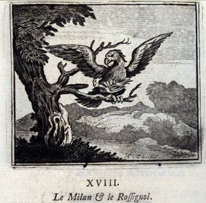 米兰和夜莺》。Jean de La Fontaine (1621-95)的寓言。插图由François Chauveau（1613-1676）绘制。1728年的版本。 作者 弗朗索瓦·夏维