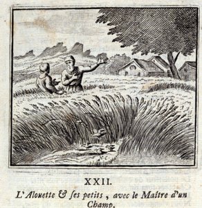 阿鲁埃特和他的小伙伴们与田地的主人。让-德-拉封丹（1621-95）的寓言。插图：弗朗索瓦-肖沃（1613-1676）。1728年的版本。 作者 弗朗索瓦·夏维