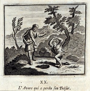 Avare失去了他的Tresor.Jean de La Fontaine（1621-95）的寓言。插图：François Chauveau（1613-1676）。1728年的版本。 作者 弗朗索瓦·夏维