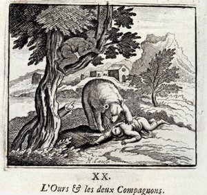 熊和两个同伴。Jean de La Fontaine (1621-95)的寓言。插图：François Chauveau（1613-1676）。1728年的版本。 作者 弗朗索瓦·夏维