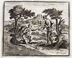 布赫伦和墨丘利》。Jean de La Fontaine (1621-95)的寓言。插图：François Chauveau（1613-1676）。1728年的版本。