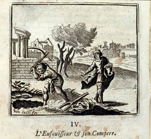 燃烧者和他的同伴。Jean de La Fontaine (1621-95)的寓言。插图：François Chauveau（1613-1676）。1728年的版本。 作者 弗朗索瓦·夏维