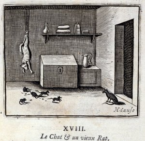 猫和一只老老鼠Jean de La Fontaine (1621-95)的寓言。插图：François Chauveau（1613-1676）。1728年的版本。 作者 弗朗索瓦·夏维