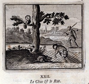 猫和老鼠》。Jean de La Fontaine (1621-95)的寓言。插图：François Chauveau（1613-1676）。1728年的版本。 作者 弗朗索瓦·夏维