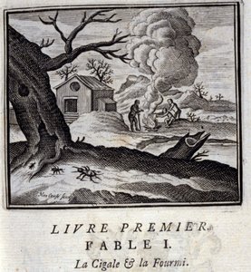 西加勒和蚂蚁。Jean de La Fontaine (1621-95)的寓言。插图：弗朗索瓦-肖沃（1613-1676）。1728年的版本。 作者 弗朗索瓦·夏维