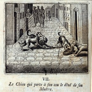 脖子上戴着主人的酒杯的狗。Jean de La Fontaine (1621-95)的寓言。插图：弗朗索瓦-肖沃（1613-1676）。1728年的版本。 作者 弗朗索瓦·夏维