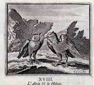 鹰与猫头鹰》。Jean de La Fontaine (1621-95)的寓言。插图：François Chauveau（1613-1676）。1728年的版本。 作者 弗朗索瓦·夏维
