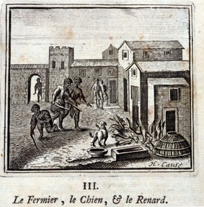 农夫、狗和狐狸。Jean de La Fontaine (1621-95)的寓言。插图：François Chauveau（1613-1676）。1728年的版本。 作者 弗朗索瓦·夏维