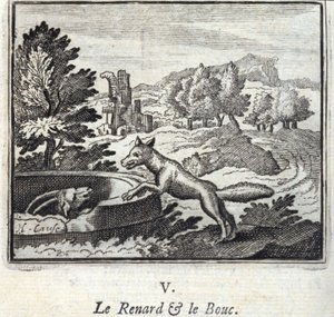 狐狸和布克。让-德-拉封丹（1621-95）的寓言。插图由弗朗索瓦-肖沃（1613-1676）绘制。1728年的版本。 作者 弗朗索瓦·夏维