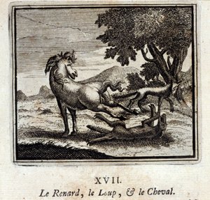 狐狸、狼和马。Jean de La Fontaine (1621-95)的寓言。插图由François Chauveau（1613-1676）绘制。1728年的版本。