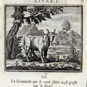 想和牛肉一样大的青蛙。Jean de La Fontaine (1621-95)的寓言。插图：弗朗索瓦-肖沃（1613-1676）。1728年的版本。 作者 弗朗索瓦·夏维