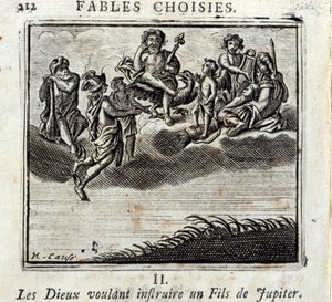 诸神想要教导朱庇特的儿子。Jean de La Fontaine (1621-95)的寓言。插图由François Chauveau（1613-1676）绘制。1728年的版本。 作者 弗朗索瓦·夏维