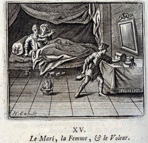 丈夫、女人和小偷。Jean de La Fontaine (1621-95)的寓言。插图：François Chauveau（1613-1676）。1728年的版本。 作者 弗朗索瓦·夏维