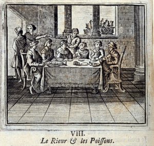 欢笑与双鱼座Jean de La Fontaine (1621-95)的寓言。插图：François Chauveau（1613-1676）。1728年的版本。 作者 弗朗索瓦·夏维