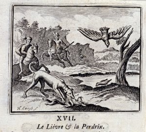 Lievre和Pardrix.Jean de La Fontaine（1621-95）的寓言。插图由弗朗索瓦-肖沃（1613-1676）绘制。1728年的版本。