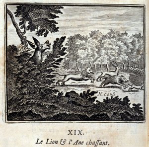 狮子和驴子的狩猎。Jean de La Fontaine (1621-95)的寓言。插图：François Chauveau（1613-1676）。1728年的版本。 作者 弗朗索瓦·夏维