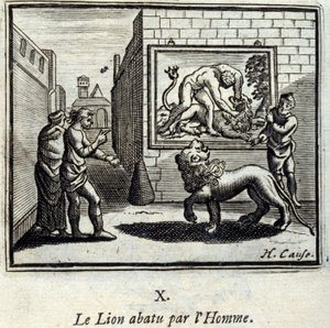 狮子被人击倒。Jean de La Fontaine (1621-95)的寓言。插图：François Chauveau（1613-1676）。1728年的版本。 作者 弗朗索瓦·夏维