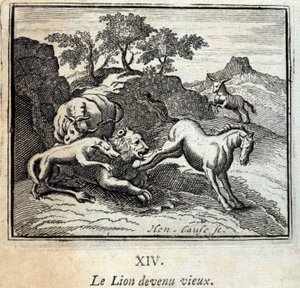 狮子变老了。Jean de La Fontaine (1621-95)的寓言。插图：François Chauveau（1613-1676）。1728年的版本。 作者 弗朗索瓦·夏维