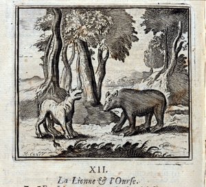 狮子女和熊》。Jean de La Fontaine (1621-95)的寓言。插图：François Chauveau（1613-1676）。1728年的版本。 作者 弗朗索瓦·夏维
