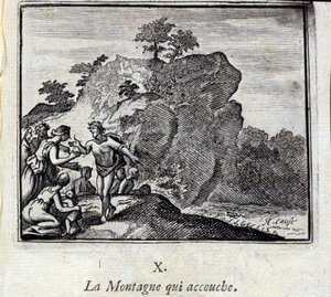 山上生孩子。Jean de La Fontaine (1621-95)的寓言。插图：François Chauveau（1613-1676）。1728年的版本。 作者 弗朗索瓦·夏维