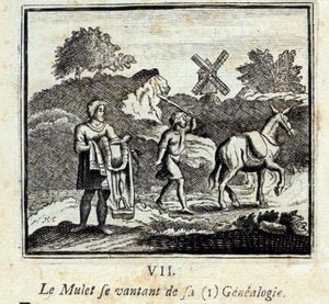 吹嘘自己家谱的木鱼。Jean de La Fontaine (1621-95)的寓言。插图由François Chauveau（1613-1676）绘制。1728年的版本。 作者 弗朗索瓦·夏维