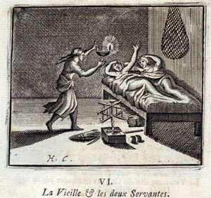 老太太和两个仆人。Jean de La Fontaine (1621-95)的寓言。插图：François Chauveau（1613-1676）。1728年的版本。 作者 弗朗索瓦·夏维
