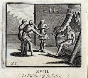 老人和他的孩子。Jean de La Fontaine (1621-95)的寓言。插图：François Chauveau（1613-1676）。1728年的版本。 作者 弗朗索瓦·夏维