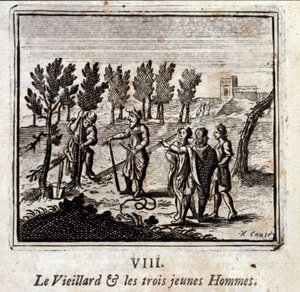 老人和三个年轻人。Jean de La Fontaine (1621-95)的寓言。插图：François Chauveau（1613-1676）。1728年的版本。 作者 弗朗索瓦·夏维