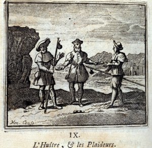 牡蛎和诉讼者。Jean de La Fontaine (1621-95)的寓言。插图：François Chauveau（1613-1676）。1728年的版本。 作者 弗朗索瓦·夏维
