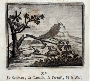 乌鸦、羚羊、乌龟和老鼠。Jean de La Fontaine (1621-95)的寓言。插图由François Chauveau（1613-1676）绘制。1728年的版本。