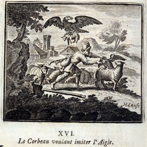 想模仿老鹰的乌鸦。Jean de La Fontaine (1621-95)的寓言。插图：弗朗索瓦-肖沃（1613-1676）。1728年的版本。 作者 弗朗索瓦·夏维