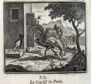 公鸡与珍珠》。Jean de La Fontaine (1621-95)的寓言。插图：François Chauveau（1613-1676）。1728年的版本。
