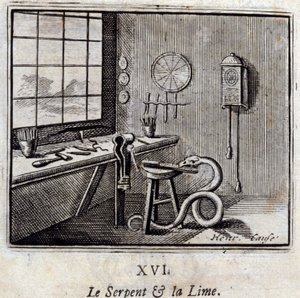 蛇和石灰。让-德-拉封丹（1621-95）的寓言。插图：François Chauveau（1613-1676）。1728年的版本。 作者 弗朗索瓦·夏维