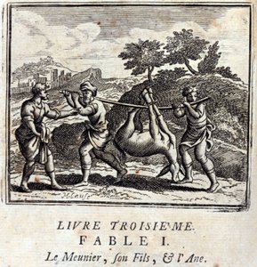 吸血鬼他儿子和驴子。Jean de La Fontaine (1621-95)的寓言。插图由François Chauveau（1613-1676）绘制。1728年的版本。
