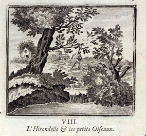 燕子和小鸟。Jean de La Fontaine (1621-95)的寓言。插图：François Chauveau（1613-1676）。1728年的版本。 作者 弗朗索瓦·夏维