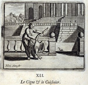 天鹅和厨师》。Jean de La Fontaine (1621-95)的寓言。插图由François Chauveau（1613-1676）绘制。1728年的版本。 作者 弗朗索瓦·夏维