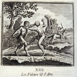 盗贼和阿尼。让-德-拉封丹（1621-95）的寓言。插图由弗朗索瓦-肖沃（1613-1676）绘制。1728年的版本。