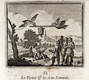 乌龟和两只鸭子》。Jean de La Fontaine (1621-95)的寓言。插图：François Chauveau（1613-1676）。1728年的版本。 作者 弗朗索瓦·夏维