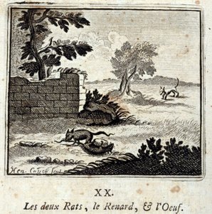 两只老鼠、狐狸和蛋。Jean de La Fontaine (1621-95)的寓言。插图：François Chauveau（1613-1676）。1728年的版本。