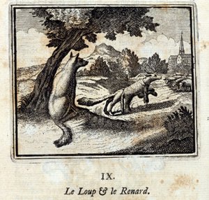 狼与狐》。Jean de La Fontaine (1621-95)的寓言。插图：弗朗索瓦-肖沃（1613-1676）。1728年的版本。 作者 弗朗索瓦·夏维