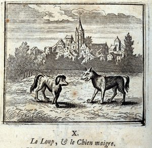 狼和瘦狗》。Jean de La Fontaine (1621-95)的寓言。插图：弗朗索瓦-肖沃（1613-1676）。1728年的版本。
