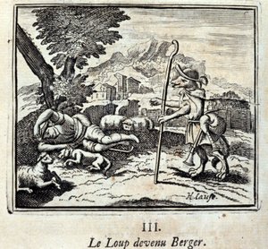 狼变成了伯杰。让-德-拉封丹（1621-95）的寓言。插图由弗朗索瓦-肖沃（1613-1676）绘制。1728年的版本。 作者 弗朗索瓦·夏维