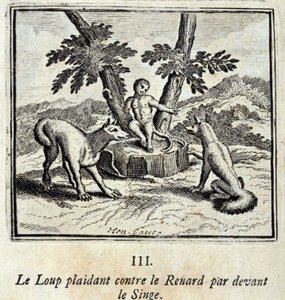 狼在猴子面前向狐狸求情。让-德-拉封丹（1621-95）的寓言。插图：弗朗索瓦-肖沃（1613-1676）。1728年的版本。 作者 弗朗索瓦·夏维