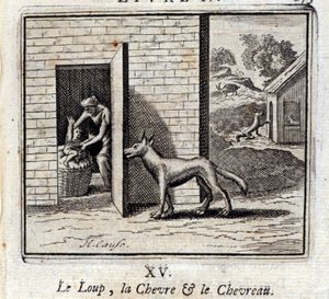 狼、羊和山羊。Jean de La Fontaine (1621-95)的寓言。插图：弗朗索瓦-肖沃（1613-1676）。1728年的版本。