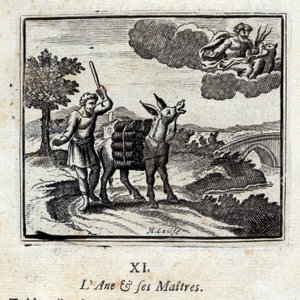 驴子和他的主人Jean de La Fontaine (1621-95)的寓言。插图：François Chauveau（1613-1676）。1728年的版本。 作者 弗朗索瓦·夏维