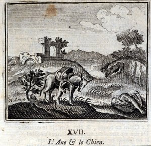 驴子和狗Jean de La Fontaine (1621-95)的寓言。插图：François Chauveau（1613-1676）。1728年的版本。