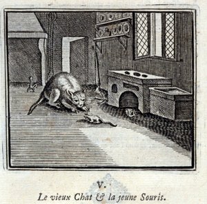 老猫和小老鼠。Jean de La Fontaine (1621-95)的寓言。插图：François Chauveau（1613-1676）。1728年的版本。