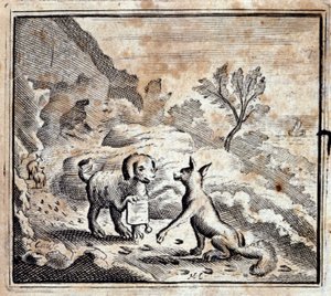 病狮和狐狸。Jean de La Fontaine (1621-95)的寓言。插图：弗朗索瓦-肖沃（1613-1676）。1728年的版本。 作者 弗朗索瓦·夏维